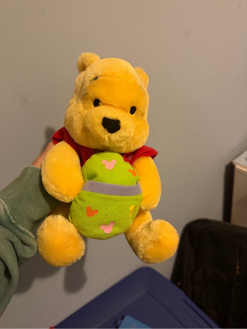 Disney Yellow Winnie the Pooh Plush with Red Shirt and Green Easter Egg